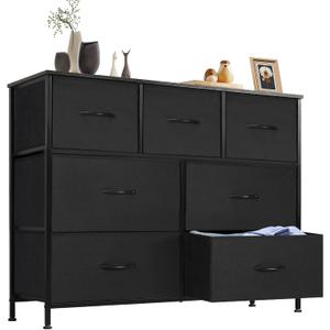 NEWBULIG 7 Drawer Fabric Storage Dresser with Robust Steel Frame and Premium Wood Top Spacious Modular Storage System for Bedroom Closet Living Room and Apartment Organization,Black (11.8"D x 39.5"W x 30.3"H (7 Drawers))