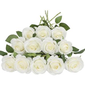 JUSMAI 12pcs Roses Artificial Flowers Ivory Silk Roses with Long Stems Fake Flowers for Wedding Bouquet Centerpices Decorations Party Bridal Baby Shower Home Decor