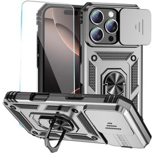 SunStory Phone Case for iPhone 16 Pro Case with HD Screen Protector & Slide Camera Cover & Rotated Ring Kickstand, [Military-Grade] Phone Case for iPhone 16 Pro 6.3"(Silver)