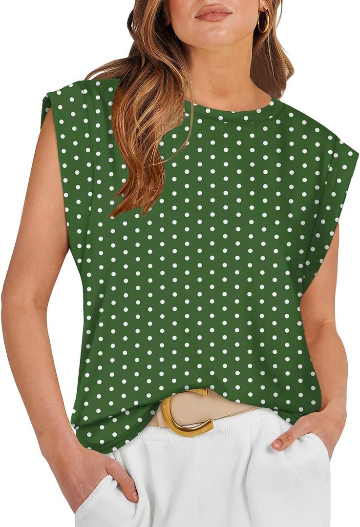 WIHOLL Cap Sleeve Tops for Women Summer Top Basic Tee Shirts Business Casual Tank Loose Fit 2026 Fashion, XL, Green Polka Dots