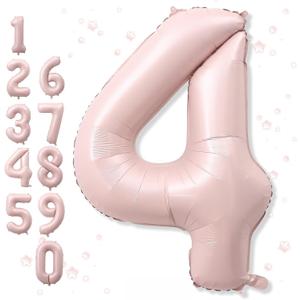 Foil 4 Balloon, Dusty Light Pink Big Number 4 Balloons for Girls Birthday Party Decor, 40'' Self Inflating Number Four Pastel Blush Baby Pink Balloon for Kids 4th Birthday Party Anniversary Decoration