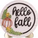 3D Hello Fall Sign, Wooden Autumn Pumpkin Harvest Round Decorative Signage Plaques Decor, Indoor Table Centerpiece Shelf Mantel Desk Thanksgiving Rustic Farmhouse Decorations for Home Office (White)