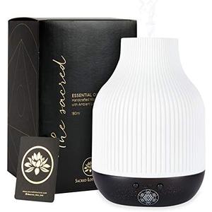 Essential Oil Diffuser Lamp, White Ceramic + Black Wood, Ultrasonic 180ml Whispersoft, 4 Timers | 5 Light Settings, Auto Shut Off, Home + Office, Humidifier Air Purifier Aromatherapy