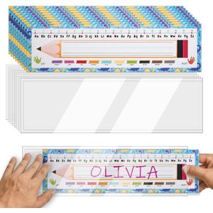20 Colorful Students Name Plates and and Nameplates Pocket for Desks - Self-Adhesive Desk Name Tags for Classroom, Student Name Plates for Kids, Teacher Supplies, School Labels, Locker & Desk