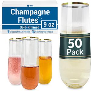Reli. Plastic Champagne Flutes (50 Pack, 9oz) Clear w/Gold Rim, Stemless | Disposable Champagne Flutes for Champagne, Mimosa, Cocktail, Wedding | BPA-Free Champagne Glasses Plastic, Shatterproof
