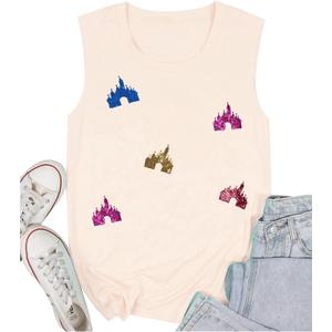 Magic Kingdom Tanks for Women Sequin Shirts Colorful Castle Graphic Sleveless Top Holiday Vacation Tank Tops (Small, Apricot)