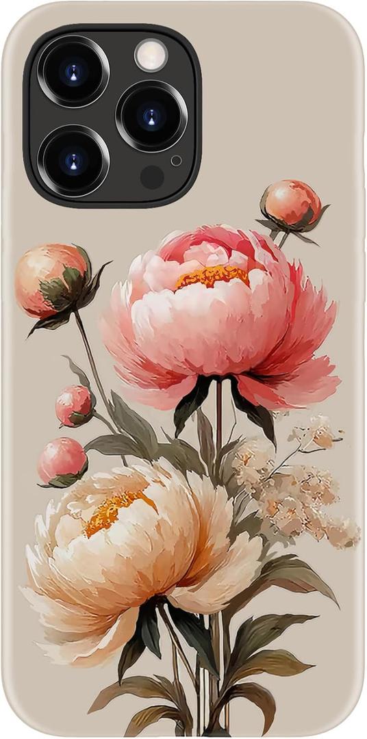 for iPhone 15 Pro Case - Wireless Charging Compatible - Dual-Layer Hard Shell + Silicone Cover - Shockproof Protective Phone Case with Stylish Designs for Women - Blooming Peony