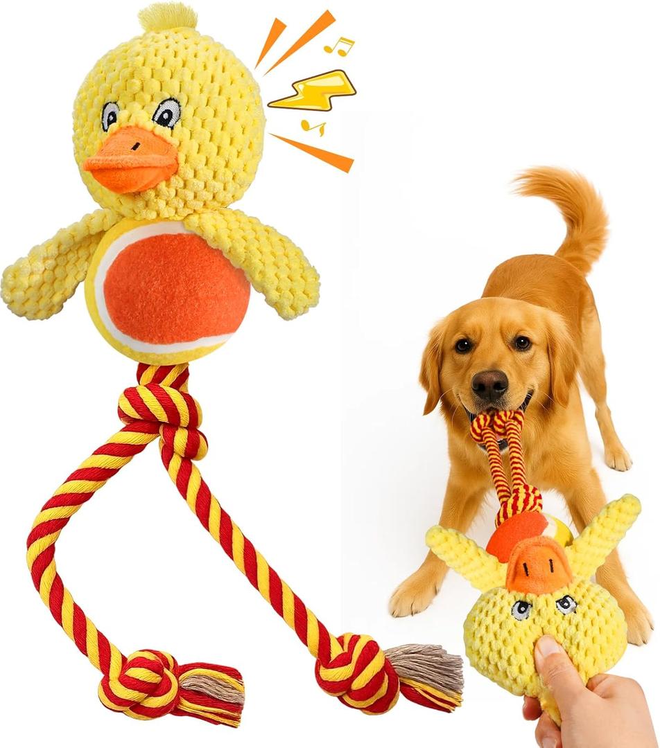 Swooflia Durable Squeaky Dog Toy - Interactive Plush Cute Duck with Rope Legs, Teeth Cleaning Tug Toy for Small Medium and Large Dogs, Puppy Chew Toy for Training and Play (Yellow)