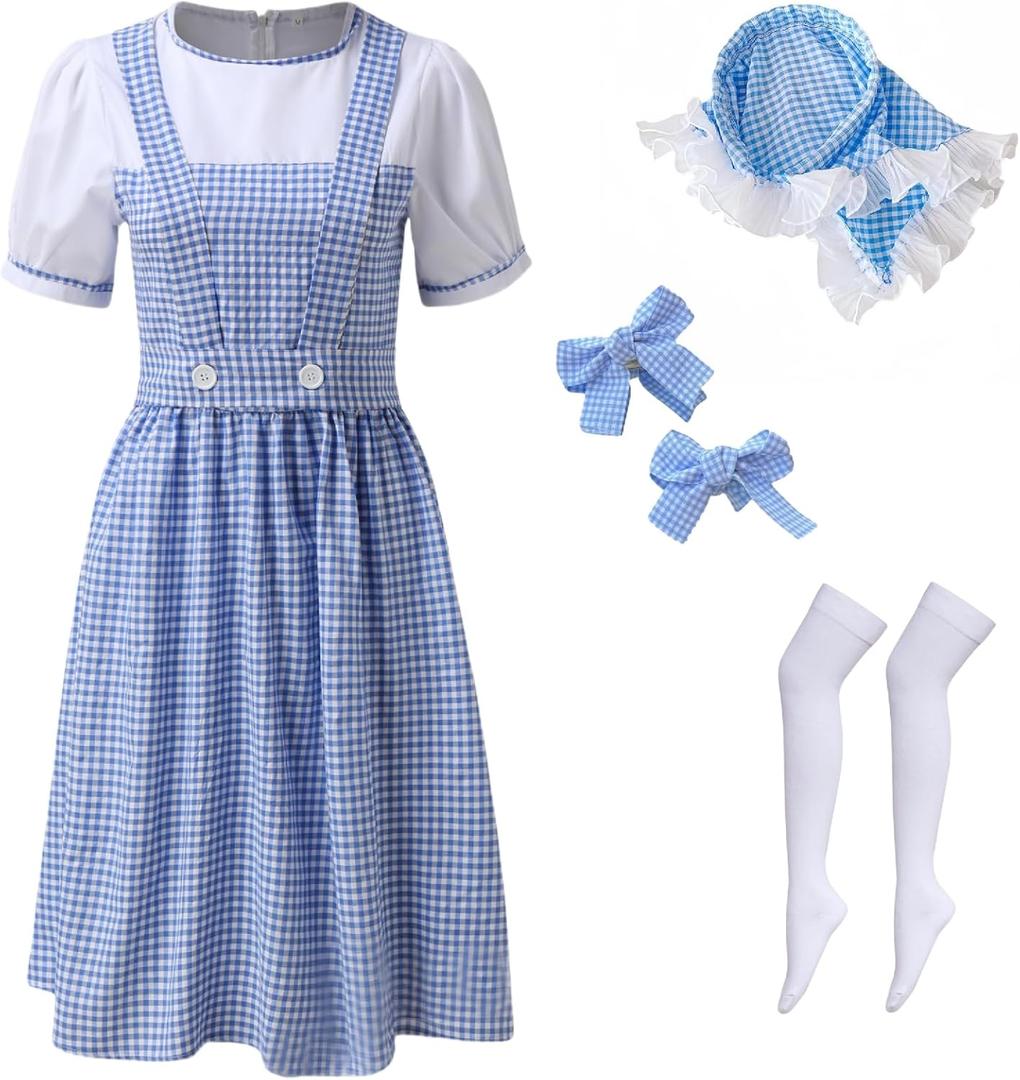Women's Blue Gingham Costume, Storybook Character Dress Set for Halloween, Cosplay, and Themed Parties