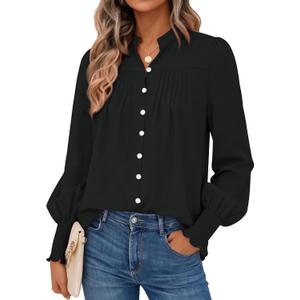 PRETTYGARDEN Fall Lantern Long Sleeve Shirts for Women 2026 Trendy Button Vneck Pullover Henley Tops Dressy Work Blouses (Black, M)