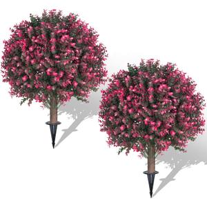 Set of 2 Artificial Rose Boxwood Topiary Ball Bush for Outdoor with Ground Spike 22", UV Resistant Faux Greenery Shrubs, Fake Rose&Green Boxwood Plants for Garden, Yard, Porch, Patio Decor