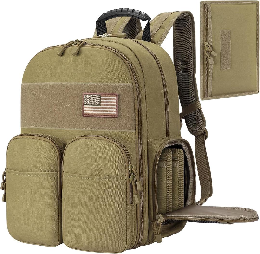 CVLIFE Tactical Range Backpack for Men with Stable Support, Handgun Backpack with Pistol Cases, Range Bag with Removable Divider, Lockable Zipper Design Daypack for EDC Work, Tan