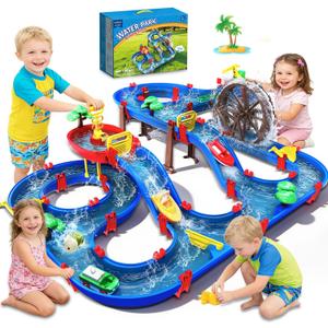 TERRAMUS 2-Tier Kids Watermill Water Table Toys, 124PCS Water Park Playset with Pump, Waterwheel, Summer Outdoor Water Toys Waterways for Backyard,Lawn,Beach,Pool,Gifts for Boys Girls Toddlers 3-5 4-8