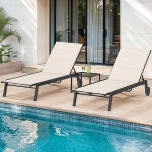 DWVO Outdoor Chaise Lounge Set, 2 Patio Chaise Lounge Chairs with Side Table, Padded Textile Pool Loungers with 5-Level Backrest and Wheels for Beach, Lawn, Porch, Garden (Beige) (Set of 3)