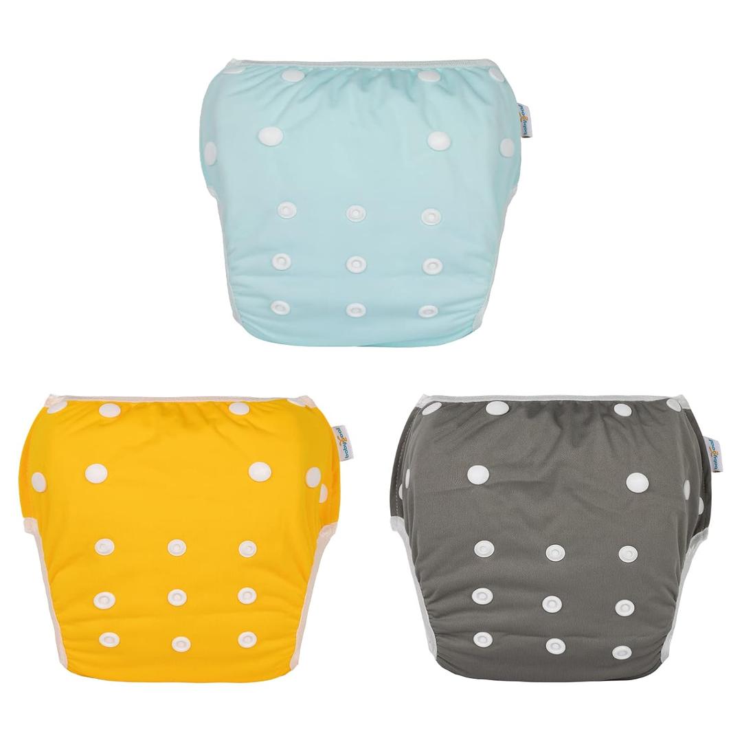 Babygoal Neutral Swim Diapers 3 Pack for 8M-3T Babies and Toddlers, Reusable Adjustable Washable for Baby Girl and Boy Swimming Lessons-Blue,Yellow,Grey