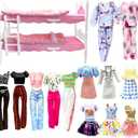Dolls Clothes and Accessories, Bunk Bed Playset, 2 Pajamas, 2 Fashion Dresses, 2 Clothing Outfits, Bedroome Set for 11.5 inch Dolls, with 2 Blankets