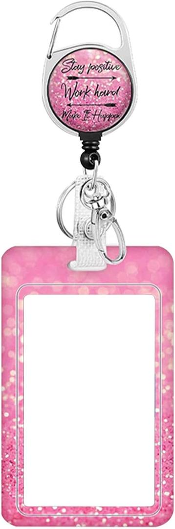 2 x Cute Badge Holder with Retractable Reel, Vertical Id Badge Case for Work, Office, Nurse, Teacher, Women, Student Gifts, Heavy Duty Card Protector with Carabiner Clip-Pink