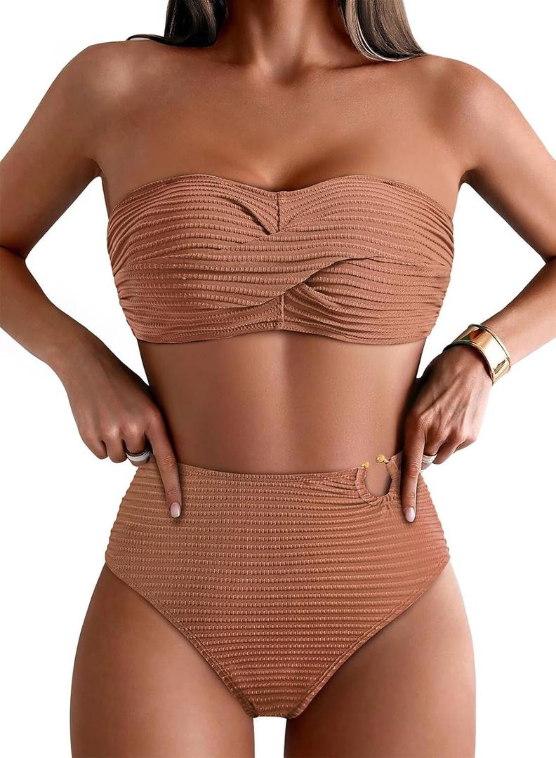 Pink Queen High Waisted Bikini Sets for Women Twist Front Bandeau Top Metal Ring Swimsuits Bathing Suit (L)