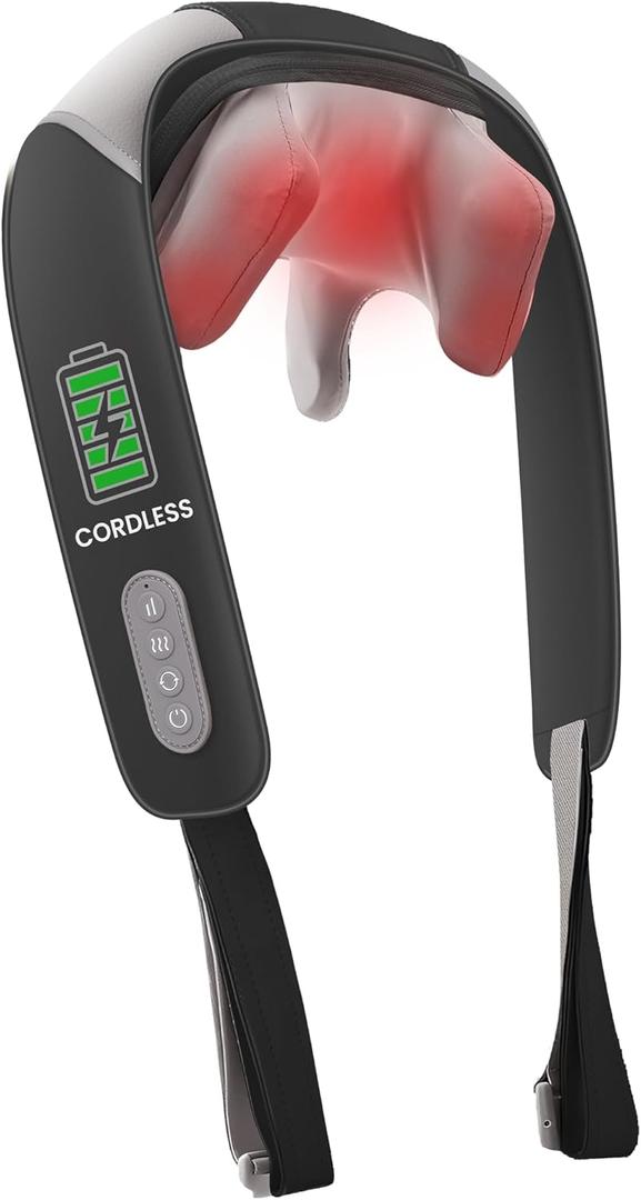 4D Shiatsu Neck Massager with Heat, Cordless Back and Neck Massager, 3 Speeds & 3 Heating Level, Lightweight Portable Shoulder Massager for Tech Neck & Commuters, Gifts for Men Women (Black)