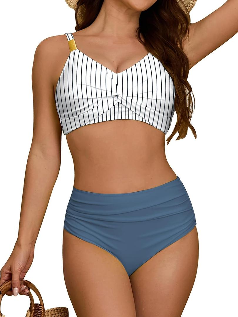 swimall Womens High Waisted Bikini Sets 2 Piece Swimsuit Twist Front Modest Tummy Control Bathing Suits (M)