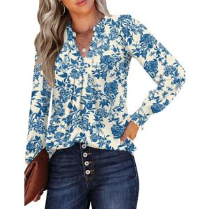 Womens V Neck Long Sleeve Blouses Tops 2025 Fall Fashion Ruffle Cuffs Dressy Casual T-Shirts (Large, Apricot Blue Floral)