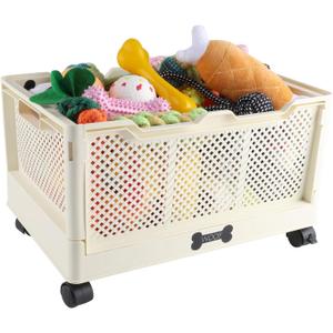 Collapsible Dog Basket,Outdoor Dog Toy Bin with Handles,Dog Stuff Organizer with Wheels,Pet Storage Bin for Dog Toys/Snack/Blanket/Camping Essentails-Easy Assemble-15''X10''X7.5''-Beige