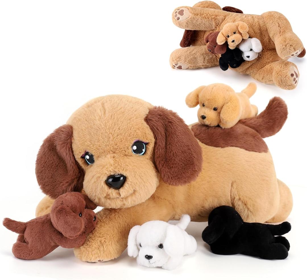 5 Pieces Dog Stuffed Animals with Babies Inside Belly - 1 Mommy Stuffed Dog with 4 Puppy Plush - Stuffed Puppy Plush Toy for Kids Age 3-8, Gifts Ideal for Christmas, Valentine's, Birthday