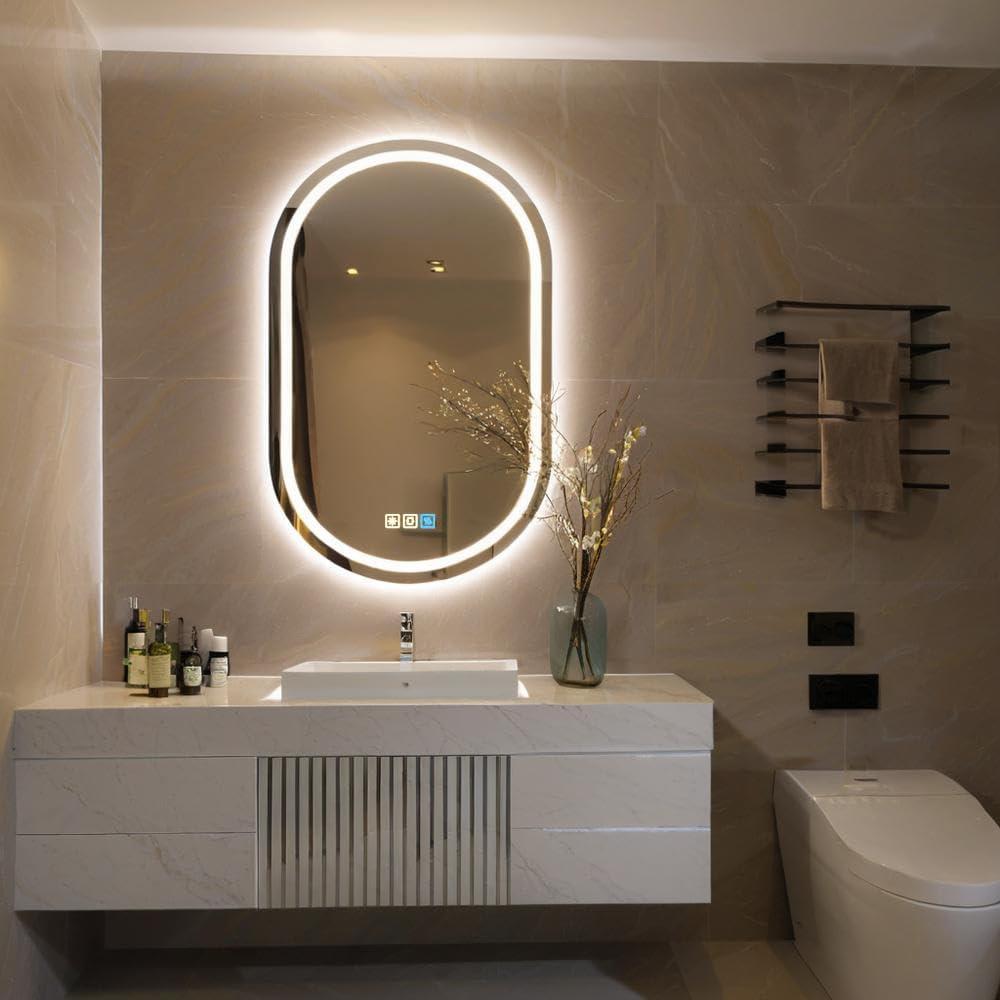 FLJ 24X32 inch Oval LED Bathroom Mirror with Lights, Anti-Fog, 3 Colors Temperature Dimmable, Lighted Mirrors for Bathroom Wall with Memory Function, Waterproof, Shatter-Proof