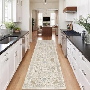 Madane Runner Rug 2x8, Washable Hallway Runner Rugs, Non-Slip Low-Pile Soft Kitchen Rug Runner Laundry Room Rug, Vintage Throw Entry Foyer Mat for Entrance Living Room (Beige/Blue, 2 x 8)