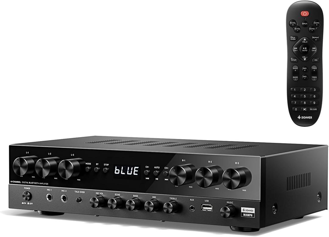Donner Stereo Receivers, Premium 1000W Peak Power 6 Channel Audio Amplifier with Bluetooth 5.3, USB, FM, 2 Mic-in, Echo, RCA, Optical/Coaxial Input for Home, Karaoke, Theater Speakers, MAMP6