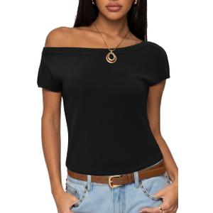 SUUKSESS Women Silk Cashmere Blend Off The Shoulder Tops Summer Lightweight Knit Trendy Sweaters Going Out Loose Fit Shirts (Black, X-Small)