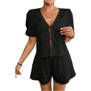 OYOANGLE Women's 2 Piece Outfits Textured Bow Tie Short Sleeve Blouse and Wide Leg Shorts Set (Medium, Black)