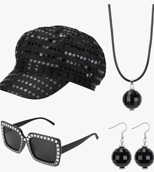 XEPST 4 PCS 70s Disco Costume Accessories Set with Sequin Hat Earrings Sunglasses Necklace Disco Fancy Dress Kit for Women Retro 70 80 Theme Party Costume, Black