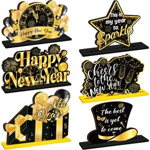 Shellwei 6 Pieces New Years Wooden Centerpieces Happy New Year Eve Table Decorations 2026 Black Gold Glitter Indoor Decor Eve Party Supplies for Holiday House Celebrations