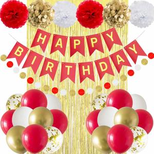 ANSOMO Red and Gold Happy Birthday Party Decorations with Banner Balloons Pom Poms Foil Fringe Curtains for Girls Women