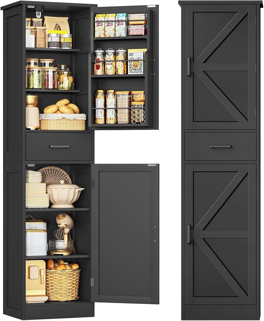 TEENFON Tall Storage Cabinet with 3 Door Shelves & 1 Drawer, Narrow Kitchen Pantry Cabinet for Living Room, Bathroom, Entryway, Black, 11.8"D x 15.7"W x 67"H