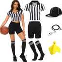 redgino 6 Pcs Women Referee Costume Set Crop Top Sexy Zipper Ref Shirt Shorts Hat Socks Whistle for Football Halloween Party (Medium)
