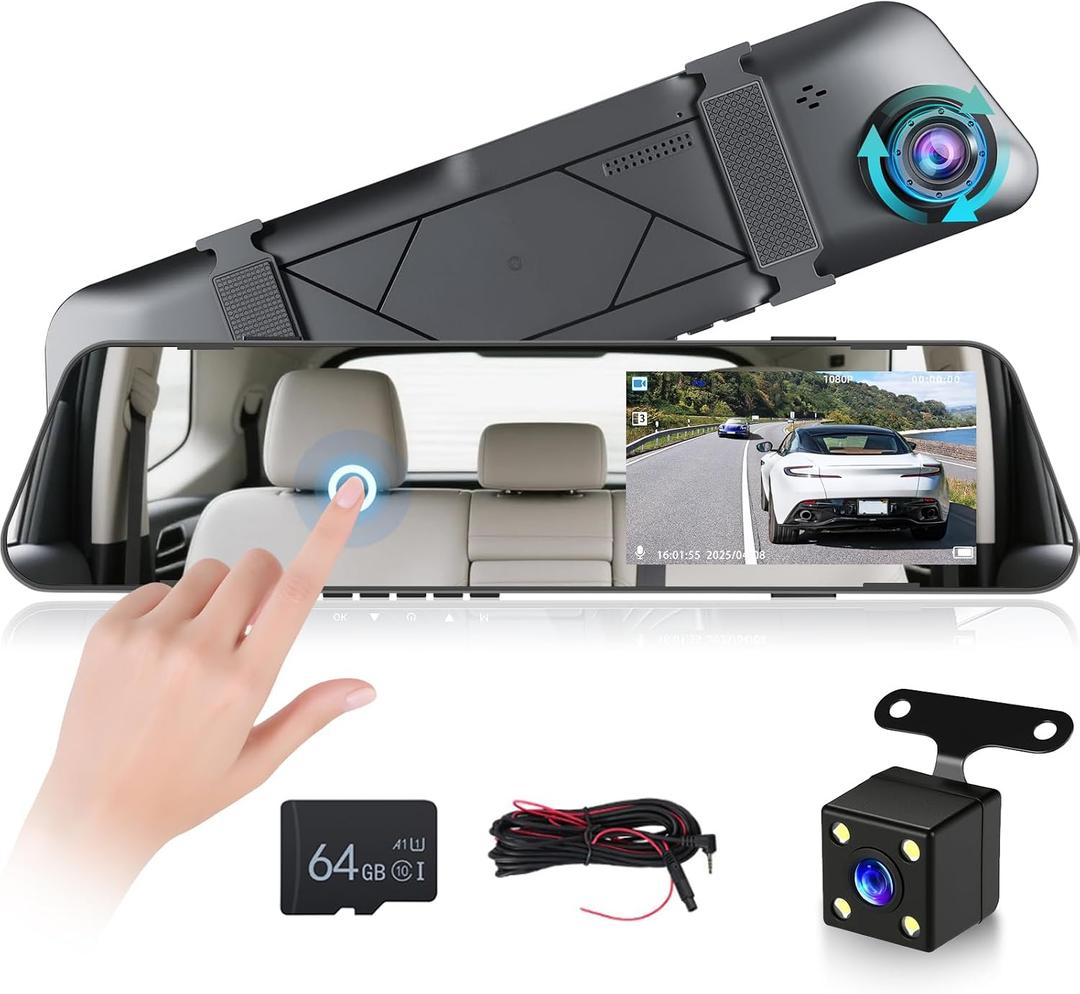 NHOPEEW 1080P Dash Cam Front and Rear, 4.5 Inch Touchscreen Rear View Mirror Camera with Dual Lens/Exposure Adjustment/Loop Recording/Parking Assistance + Backup Camera & 64G Card