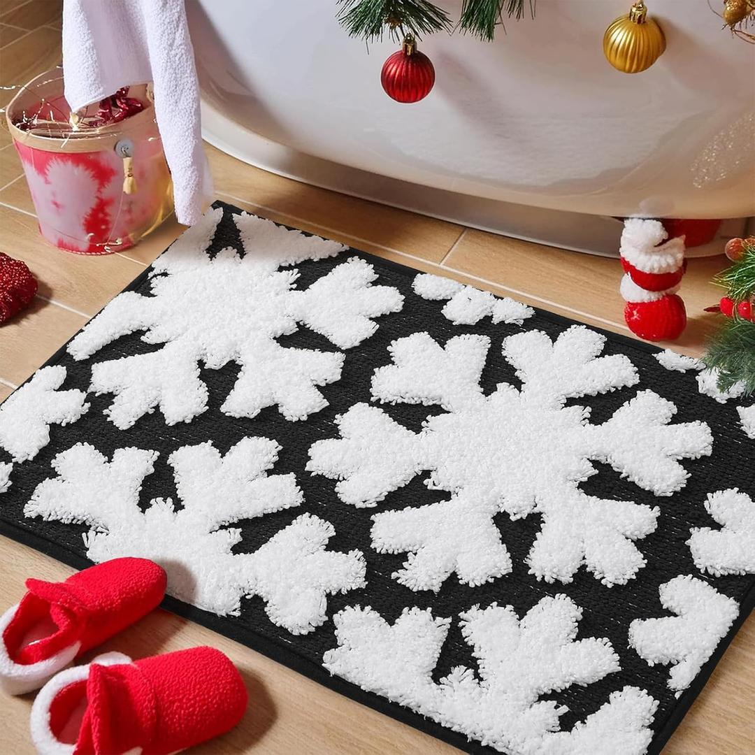 Luxury Black White Winter Snowflake Bathroom Mat, 17"x25" Extra Soft and Absorbent Microfiber Bath Rug, Non-Slip TPR Back, Plush Shaggy Bath Carpet for Floor