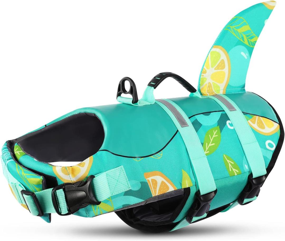 Queenmore Dog Shark Life Jacket with Rescue Handle - Adjustable Reflective Dog Life Preserver for Large Dogs, Green Print XL