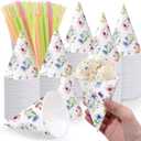 2 x Willinglong 50 Sets Wildflower Snow Cone Cups and Straws 6 oz Vintage Flower Shaved Ice Cream Cups for Slush Shaved Ice Cream Water Cooler Disposable Paper Funnel for Bridal Baby Shower Birthday Party