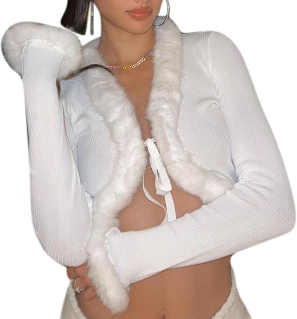 Women Y2K Long Sleeve Tie Front Blouse Fluffy Trim Collar Cuff Faux Fur Blouse (Large, White)