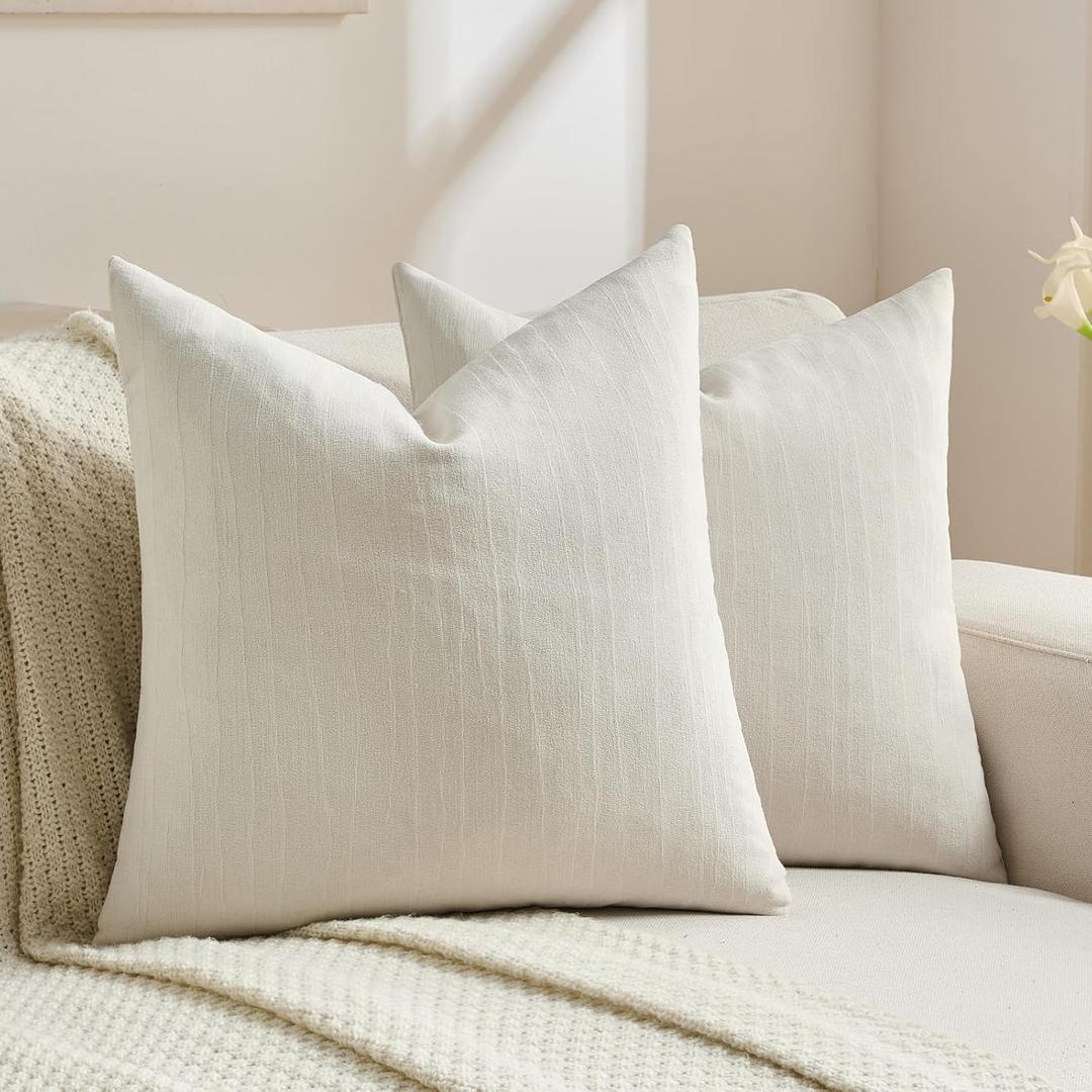 FUTEI Pack of 2 Chenille Decorative Throw Pillow Covers 22x22 Inch,Soft Crushed Striped Texture Cushion Case,Modern Home Decor for Couch Bed Living Room,Cream