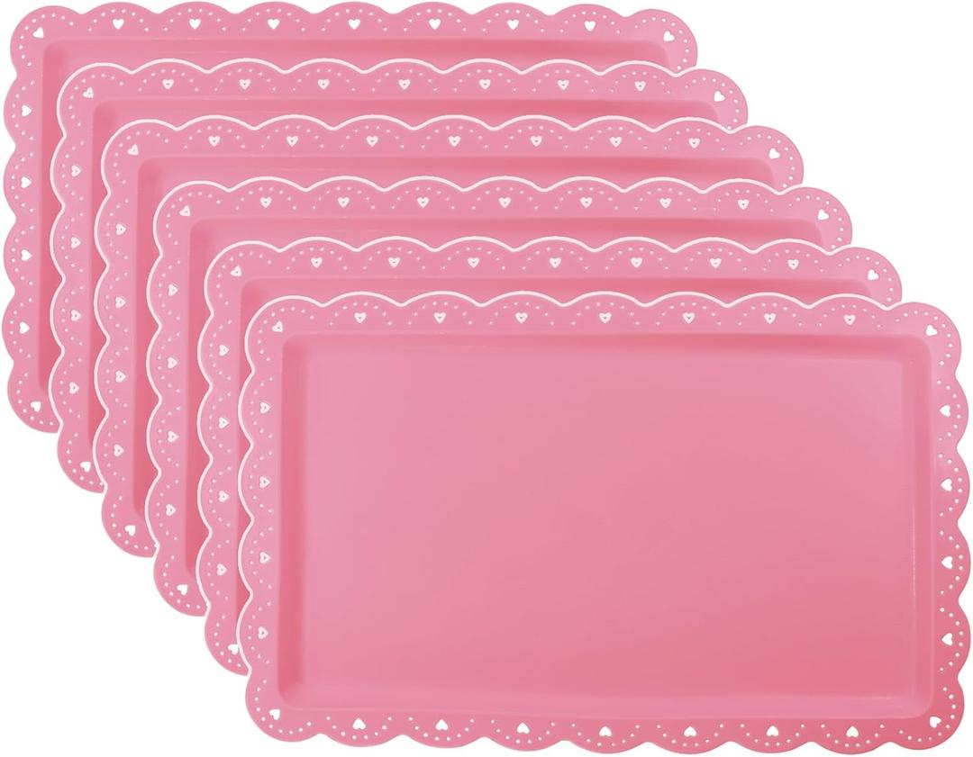 Set of 6 Plastic Serving Trays Food Tray - 14" x 9" Rectangle Serving Platter for Party Cafeteria Kitchen Restaurant , Small Flat Trays for Dessert Fruit Cookie Snack (6, Pink)