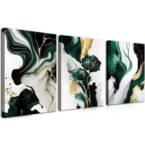YHCTHT Abstract Emerald Green Canvas Wall Art Set of 3  Modern Green and Gold Marble Wall Decor, Luxury Abstract Artwork Prints for Living Room Bedroom Office Home Decoration  16x24in (24L" x 16W")
