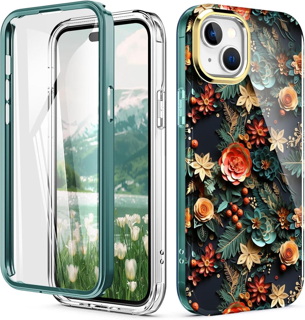 Cute Flower Case for iPhone 15 6.1 inch Built with Screen Protector, Lightweight and Stylish Full Body Shockproof Protective Rugged TPU Case for Women/Girls-Pentas lanceolata