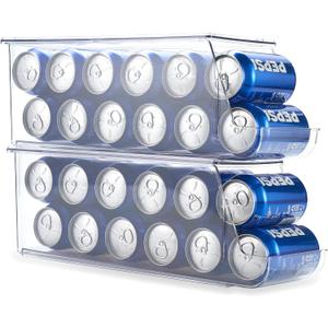 Prsildan Large Soda Can Organizer with Lid, Rolling Soda Dispenser for Refrigerator, Clear Acrylic Drink Dispenser for Fridge Organizer Bins - Stackable Pantry Storage - Holds 12 Cans Each - 2 Pack