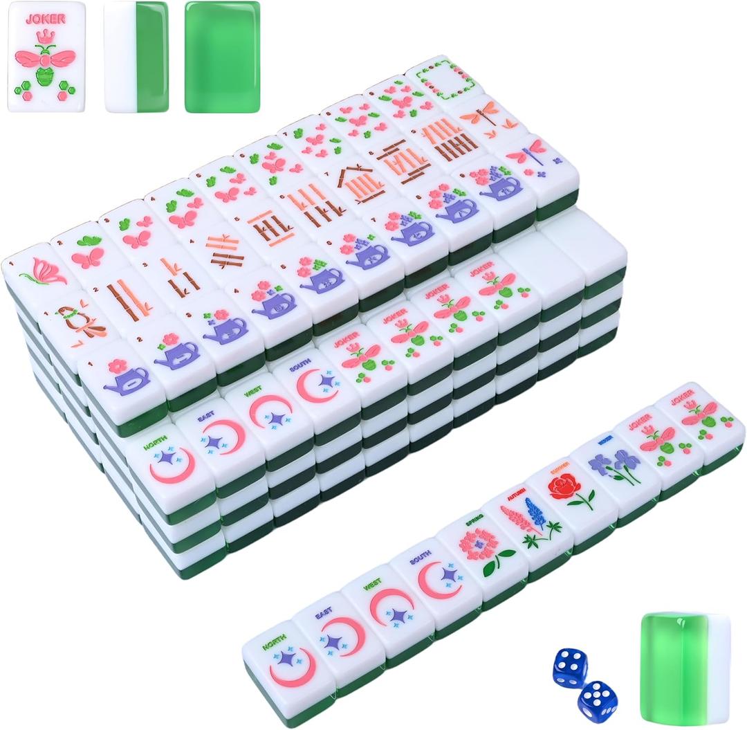 American Mahjong Tile Set, 166 Green Mahjong Tile Set American, Acrylic Engraved American Mahjong Tiles Set with Carrying Bag, 2 Dice and Mahjong Instructions (Purple and Brown Colour)