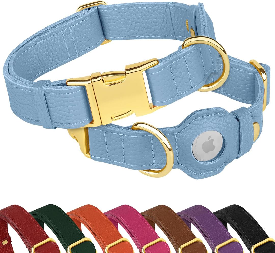 Leather Airtag Dog Collar - Soft Tracking Dog Collar with Apple AirTag Holder and Metal Buckle - Safety GPS Pet Collars for Small Medium Large Dogs Puppy Pink Red (Cornflower, S, 12"-15" Neck Fit)