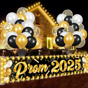 Prom 2024 Banner with LED Lights Graduation Party Decorations Green Gold Graduation Yard Banner with 36pcs Balloons for 2024 Graduation College High School Prom Party Supplies Indoor Outdoor Decor